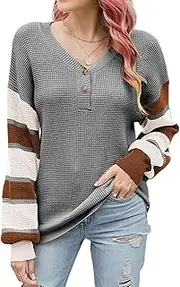 [Generic] Women's Beige V-Neck Knit Sweater with Orange/Burgundy Striped Sleeves and Three Wooden Button Closure