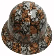 Custom Hard Hat Ridgeline Full Brim Orange&White Checker Flag Insanity Skulls
