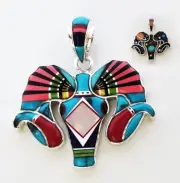 REVERSIBLE CELESTIAL TURQUOISE SATURN SPINY ONYX INLAY .925 SILVER RAM PENDANT