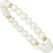 [JewelryWeb] 14k Solid Gold 4 5mm White Egg Shape Freshwater Cultured Pearl and Beads Stretch Bracelet-Stretch-Bracelet for Women
