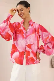 Faye Blouse - Mandarin Collar Balloon Sleeve Button Down Shirt in Greta Print