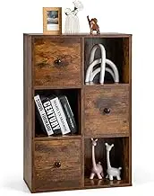 Costway Storage Cabinet w/ 6 Compartment, Free-Standing Bookshelf w/ 3 Cubes & 3 Drawers, Wood Bookcase w/Anti-toppling Device, 3-Tier Home Storage Unit Organizer (Rustic Brown)