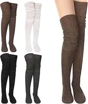 [Cutecrop] 4 Pairs Slouchy Thigh High Boot Socks Extra Long Soft Cotton Knit Thin Scrunch Knee High Socks for Women, White,black,gray,brown