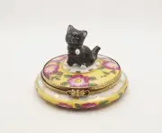 New French Limoges Trinket Box Black Tuxedo Cat on Spring Floral Blossoms Box