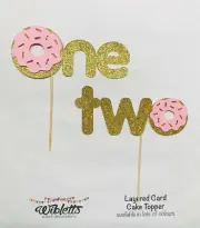 DONUT GROW UP THEME PARTY CAKE TOPPER. ROSE GOLD SILVER. ONE TWO 1 2 1st 2nd