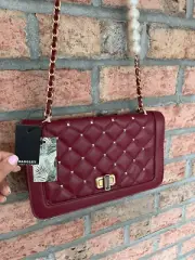 Badgley Mischka Women Studded Quilted Pearl Chain Strap Crossbody Bag Maroon Red