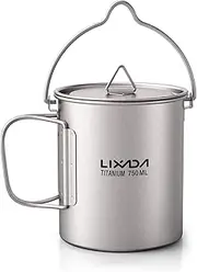 Light 750ml Titanium Pot Portable Titanium Water Mug Cup with Lid and Foldable Handle Outdoor Camping Cooking Picnic