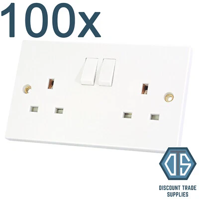 100x 2 Gang Double Sockets 13amp White Double Twin Switched Double Wall Sockets