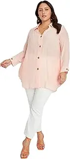 [BE ME] BeMe - Womens Plus Size - Tops - Summer - Blouse/Shirt - Pink - Long Sleeve - V Neck - Solid - Length Long - Relaxed Fit - Woven - Work Clothes