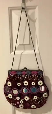 NWT ANTIK BATIK Anthropologie Red Wine Velvet Beaded Handbag Boho Purse Mirrored