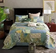 Qucover Patchwork Bedspread King Size 3-Pieces 100% Cotton Retro Chic Floral Printed Quilted Bedspreads Coverlet 240x270 cm with 2 Pillow Shams