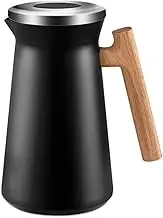 Thermos 1 Litre Double Walled Stainless Steel Coffee Pot 12-24 Hours Heat Storage Thermos with Wooden Handle Thermos Watering Can for Coffee, Tea and Drinks, Black