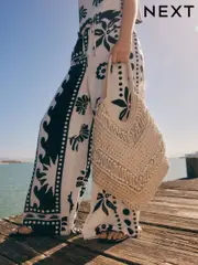 White Cotton Macrame Beaded Shoulder Bag (AJ7361) | $71