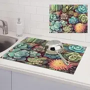 Cute Succulents Dish Drying Mats for Kitchen Counter, Absorbent Microfiber Kitchen Dishes Drainer Mat Large Dish Drying Pad with Hook Coffee Mat Kitchen Accessories 18x24 Inch