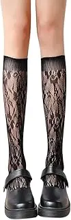 CREATCABIN Black Women's Lace Fishnet Knee High Socks Lace Socks for Women Summer Cute Lolita Stockings Sheer Mesh Thin Trouser Socks Fishnet Mesh Knee High Stockings Lace for Women 13.3 Inch
