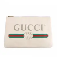 在飛比找momo購物網優惠-【GUCCI 古馳】小牛皮復古綠紅綠LOGO手拿包(白色)