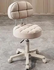 Round Rolling Stool with Back Support, Heavy Duty PU Leather Height Adjustable Swivel Stool Chair for Salon Spa Beauty Massage Dental Home Office Use, Mute Wheels,White