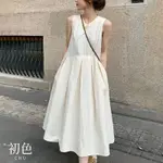 初色 法式簡約素色寬鬆無袖背心連身裙洋裝-米白色-67505(M-XL可選)