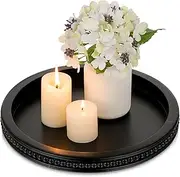 Hanobe Decorative Serving Tray Wood: Black Bead Round Tray for Coffee Table Rustic Wooden Trays Decor Farmhouse Kitchen Counter Circle Tray Vintage Centerpiece for Living Room Home Organizer 11.8/