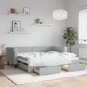 Daybed with Trundle & Drawers, Light Grey Velvet Sofa Bed Frame, 90x190 cm, Wooden Base, Ample Storage, Modern Design, Full Size Beds, Upholstered Furniture