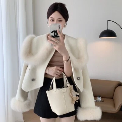 Women Fox Fur Collar Winter Short Coat Double Breasted High Waist golilla Jacket