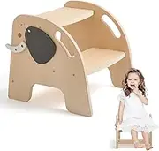 Promise Babe Elephant Wooden Toddler Step Stool for Kids,Two Step Stool for Kitchen, and Toilet Potty Training Bathroom,Children's Stool with Handles