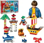 The Little Architect Pirates Building Blocks Kit for Kids, Australian Made. Boys, Girls – Pirate Ship Model Boat, Treasure Chest, Shark Brick, Deep Sea Creatures, Crab, Palm Tree. Pirate Build