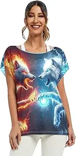 [RPLIFE] Red Wolf Vs Blue Wolf Ladies Tops Blouse Loose, S-XXL Short Flowy Sleeve Shirt