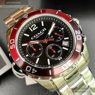 COACH手錶,編號CH00062,44mm紅黑色圓形精鋼錶殼,黑色三眼, 時分秒中三針顯示, 水鬼錶面,銀色精鋼錶帶款