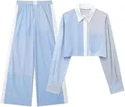 [Zadaos] Women Striped Shirt 2 Pieces Long Sleeve Top Asymmetrical Patchwork Pants Suit Two Piece Set