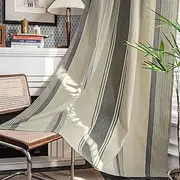 ColorBird Farmhouse Linen Curtains 2 Panels Set, Semi Blackout Curtains 84 inches Long, Stripe Room Darkening Curtains Outdoor Kitchen Window Drapes for Living Room Bedroom Doorways