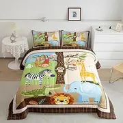 Feelyou Crib Safari Animals Comforter Set Full, Cartoon Crocodile Elephant Bedding Set Yellow Giraffe Comforter Kids Toddler Nursery Jungle Animals Duvet Set