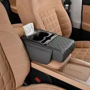 Multifunctional Car Armrest Cushion, Armrest Storage Box, Car Armrest Cover, 5-in-1 Center Console Coverwith 2 Storage Bags Cup Holder, Tissue Box Slot, Phone Slot (Gray)