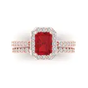 2.2ct Emerald Round Cut Halo Tourmaline Statement Ring bridal Set 14k Rose Gold