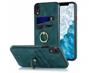 Full Protection Cover for iPhone XR, 2 Cards PU Leather Case with Ring Holder - Blue