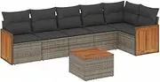 vidaXL Garden Sofa Set with Cushions - Grey Poly Rattan Modular 7-Piece Outdoor/Patio Furniture with Storage & Acacia Table