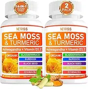 2 Pack Sea Moss Capsules with Turmeric & Ashwagandha, Natural Organic Irish Sea Moss Supplement, Immune Support & Digestive, Detox & Cleanse. 120 Vegan Capsules