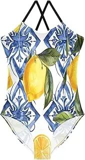 [RPLIFE] Sicilian Style Lemons Blue Flowers Girls 1 Piece Swimsuit with Adjustable Shoulder Strap, Beach Apparel, 3-10