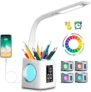 Desk Lamp with Clock,Color Changing Nightlight,Study Lamp, Pen Holder,Desk Light