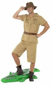 Smiffys Adult mens Safari Man Costume, Shirt, Shorts, Belt and Hat, Brown, L