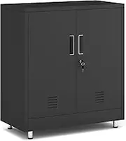 JINGUR Metal Storage Cupboard with Locking Doors and Adjustable Shelf, Small Lockable Sideboard Buffet Cabinet for Home Office Hallway Entryway Living Dining Room (Black)