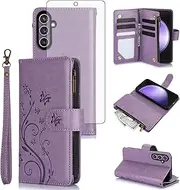 [Asuwish] Phone Case for Samsung Galaxy S23 FE 5G Wallet Cell Cover with Tempered Glass Screen Protector Wrist Strap Flower Flip Zipper Card Holder Slot Stand S 23 EF S23FE 23S Women Girls Purple