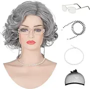 AMZCOS Short Old Lady Granny Curly Wig for Women Grandma 100th Day of School Cosplay, Costume, Halloween Party (Gray)