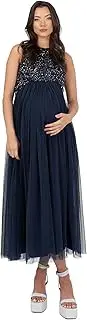[Maya Deluxe] Women's Ladies Maternity Dress for Pregnant Wedding Guest Midaxi Sleeveless Sequin Embellished Tulle Crew Neck Bridesmaid
