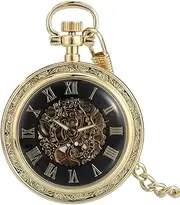 [HIFFEY] Gold/Silver/Black Open Face Transparent Mechanical Pocket Watches Hand Winding Roman Numerals Display Pendant Automatic Clock