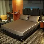 100% Natural Silk Fitted Sheet Luxury Solid Color Real Silk Mattress Cover Double Queen Size Elastic Band Bed Sheet(Coffee Color,200x220x25cm 1pc)