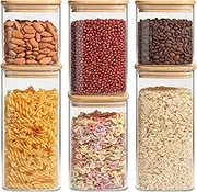 ComSaf Airtight Glass Storage Canister with Bamboo Lid 700/1100/1500ml Set of 6, Clear Food Storage Container Kitchen Pantry Storage Jar for Flour Cereal Sugar Tea Coffee Beans Snacks, Square