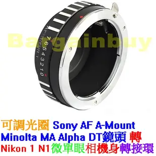 無限遠對焦 Sony AF Minolta MA 鏡頭轉 NIKON 1 n1 v1 j1 微單眼相機身轉接環 可調光圈