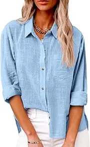 [SHEKINI] Women Casual Blouse -Neck Long Sleeve Shirt Button Dowm Cotton Linen Tshirt Tops Dressy Blouses Office Work Blouse Plus Size, Sky Blue, M
