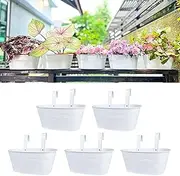 LaLaGreen Rail Planter Outdoor Plants (5 Pack, 11.8 Inch) White Metal Iron Hanging Flower Pots Deck Railings Fence Buckets Modern Countryside Boho Style Wall Mount Window Box Holder Hooks Porch Decor